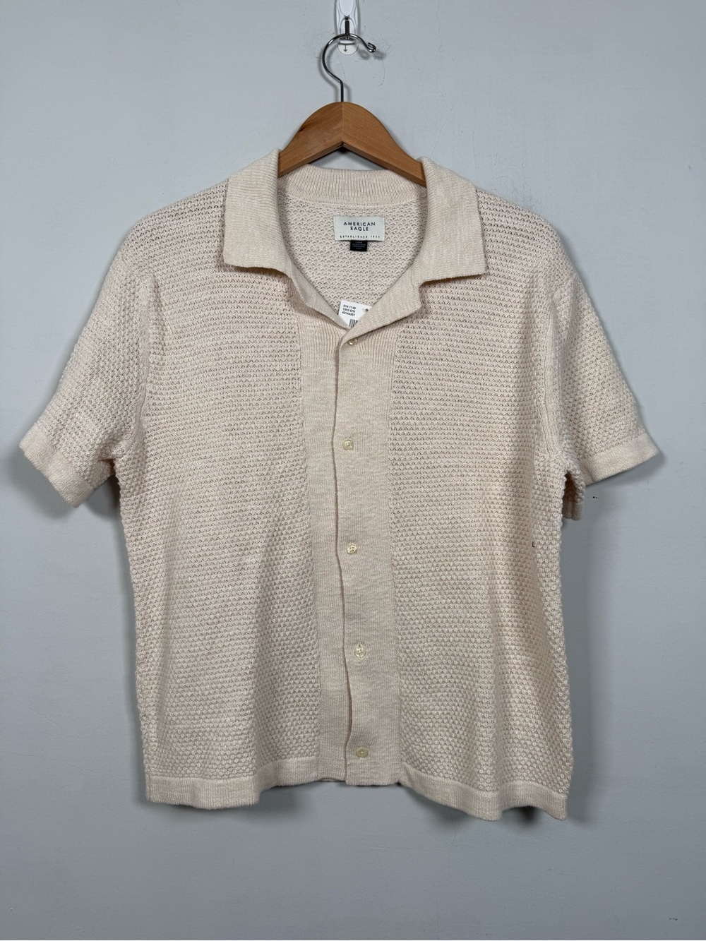 American Eagle Outfitters Cream Knit Short-Sleeve Button Down Shirt
